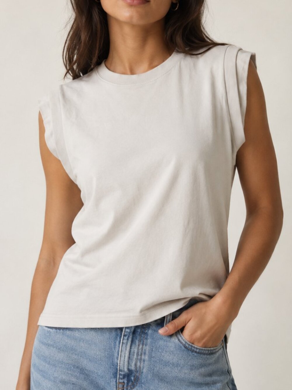 Nu-In Cotton Muscle Tee Womens Medium Grayish White Crew Neck Made in Portugal